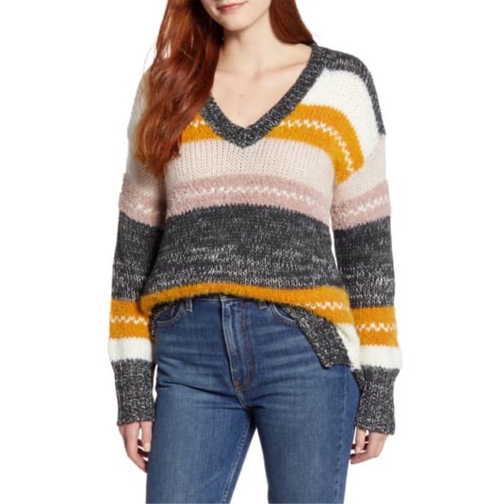 Caslon Mixed Stripe V-Neck Pullover